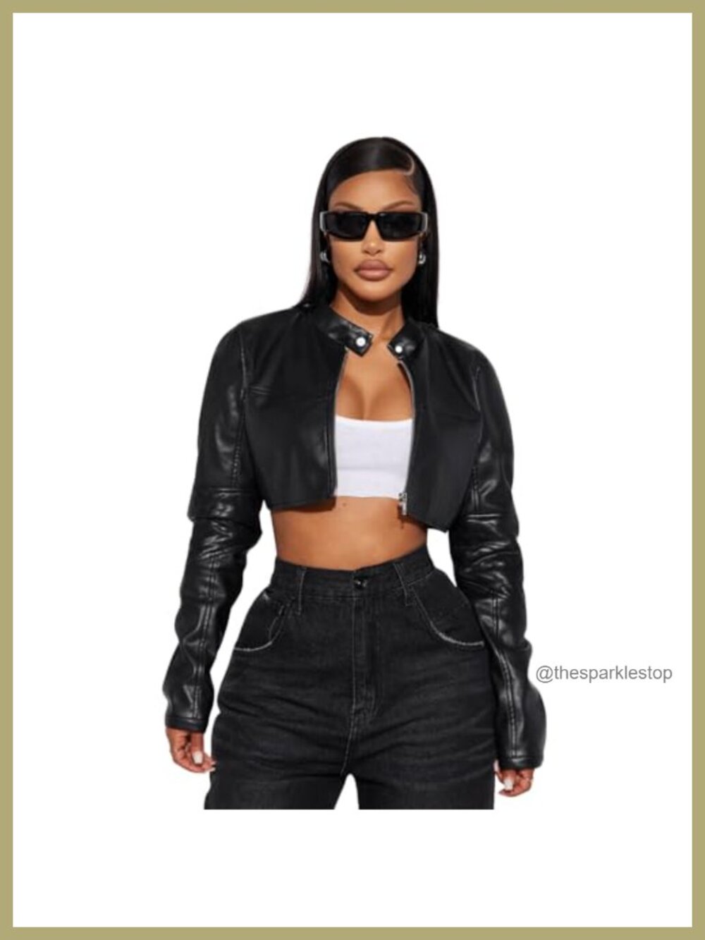 Women's Cropped Faux Leather Moto Jacket with Belt and Zip Cuffs